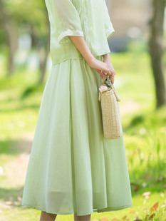 纻衣绿色小众别致半身裙女装 新款 设计感百搭文艺洋气长裙 2024夏季