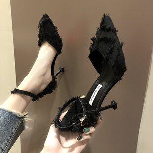 少女百搭黑色细跟法式 高跟鞋 设计感单鞋 女2024春季 一字扣尖头凉鞋