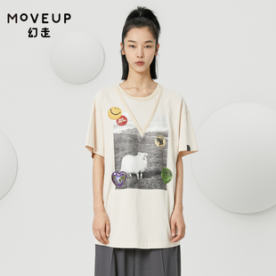 MOVEUP幻走2022夏季 假两件印花设计师中长款 .FUN系列 T恤女 新款