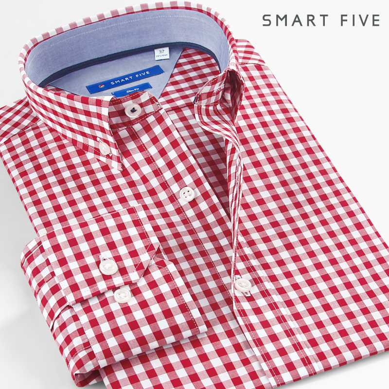 男长袖 SmartFive 休闲衬衣 纯棉时尚 撞色修身 青年美式 红色格子衬衫