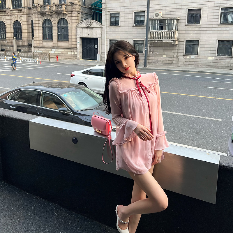 M900粉色连衣裙早秋裙子秋季 2022新款 性感小个子气质名媛显瘦 长袖