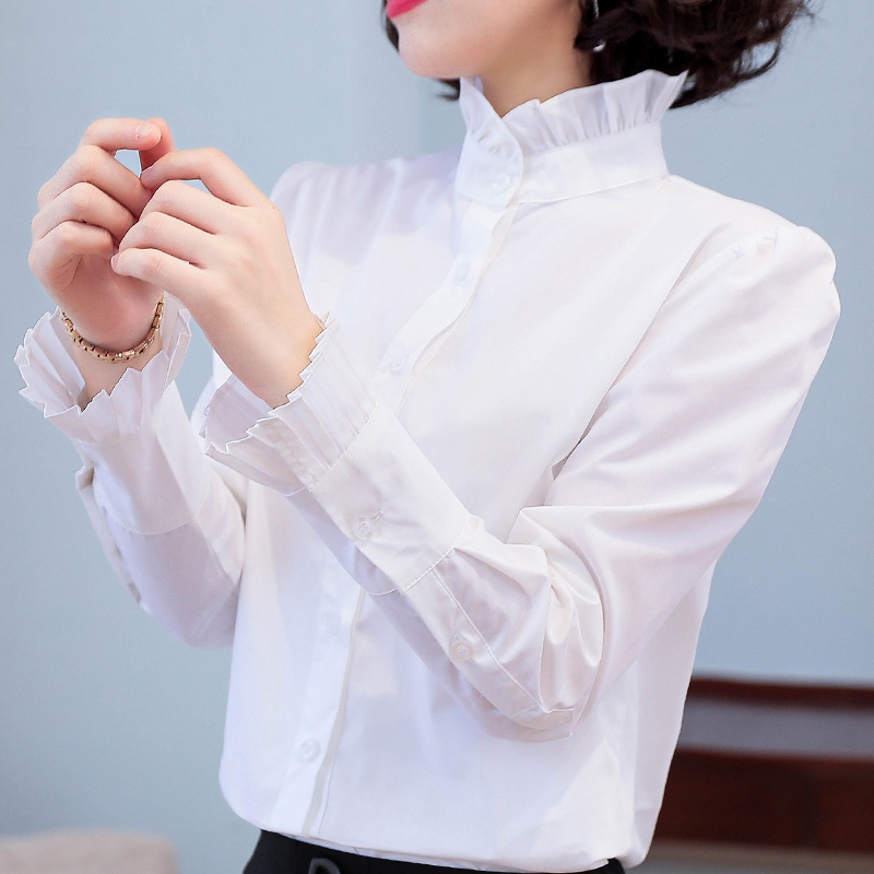 立领白色衬衫 韩版 2023新款 春秋内搭洋气雪纺衬衣打底上衣寸 女长袖