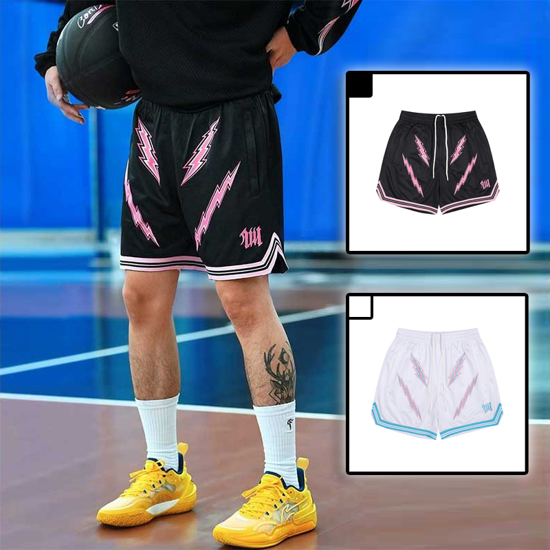 男大码 闪电图案学生3分裤 网孔透气篮球裤 高弹力速干运动短裤 美式