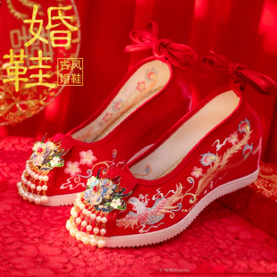 原创明制红色中式 内增高绣花鞋 古风配新娘秀禾服婚鞋 红色汉服婚鞋