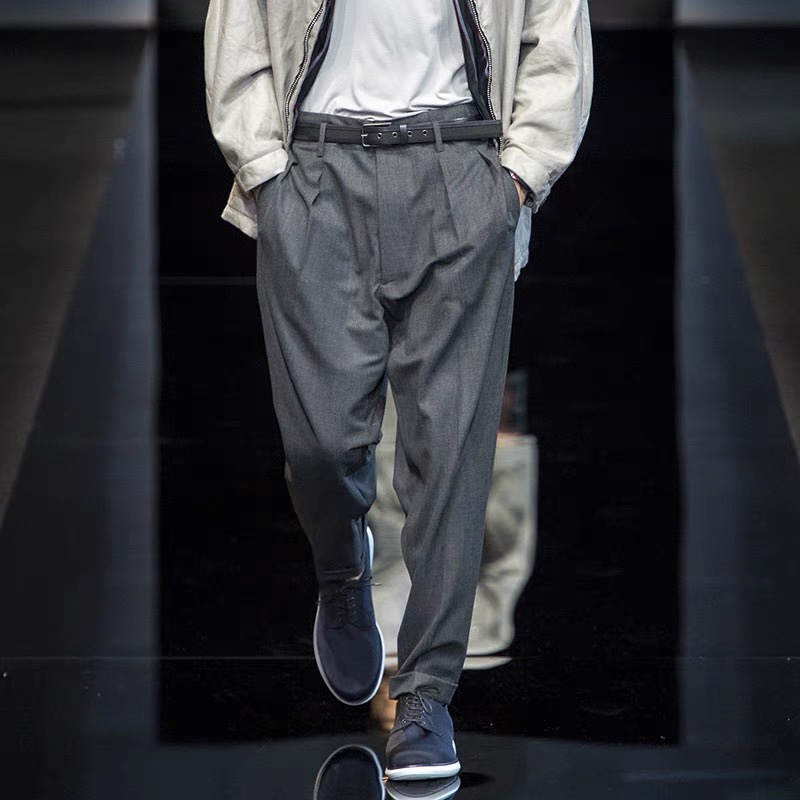 好莱坞腰头双摺黑灰羊毛西裤 秋季 街头 锥形款 新款 潮流百搭时尚 男士
