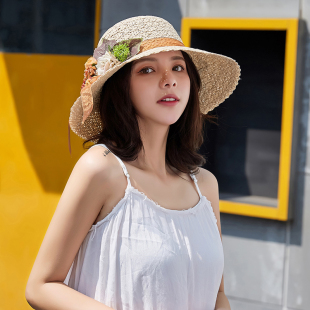 韩版 帽子夏季 遮阳帽 透气百搭花朵草帽女沙滩度假防晒拍照折叠时尚