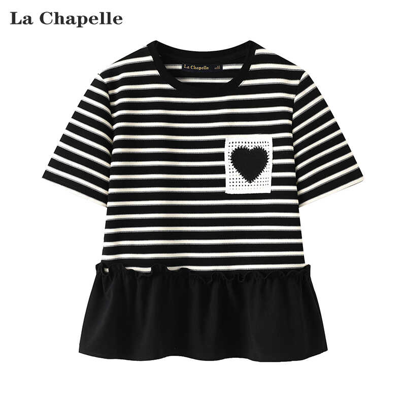 拼接上衣 Chapelle黑白条纹短袖 T恤女2024春夏季 新款 拉夏贝尔
