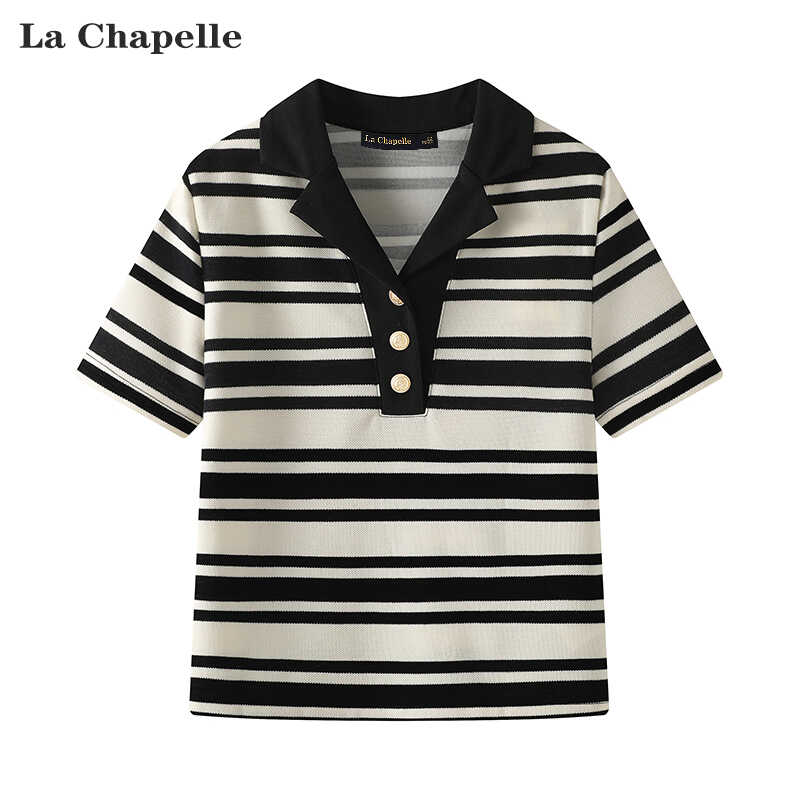 T恤上衣休闲女 Chapelle夏季 新款 V领黑白条纹宽松短袖 拉夏贝尔