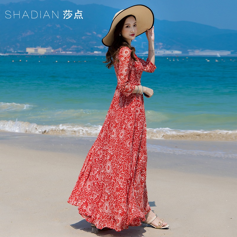 红色新中式 国风旗袍连衣裙长款 雪纺长裙大摆海边沙滩裙 女2024新款