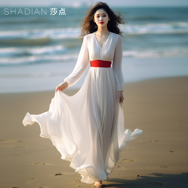 白色连衣裙2024春季 长裙长款 大摆裙长袖 到脚踝海边度假沙滩裙 新款