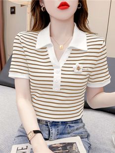 韩版 t恤女装 洋气修身 夏装 polo条纹短袖 上衣 新款 夏季 显瘦短款 时尚