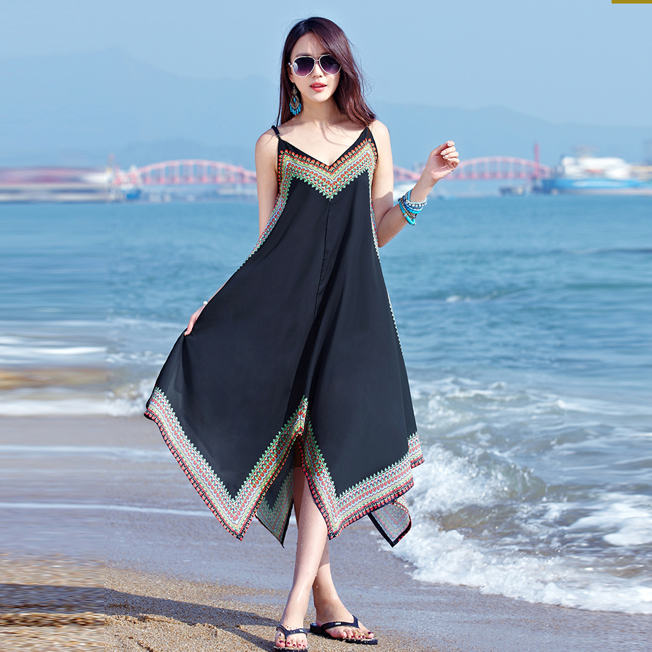 巴厘岛沙滩裙女夏泰国海边度假超仙长裙子黑色连衣裙 大码 2024新款