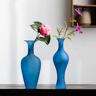 复古文人书房茶室花瓶摆件 仿宋雀蓝色玉净瓶磨砂玻璃花器透明中式