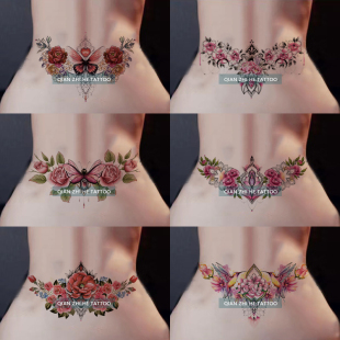 6张 遮盖妊娠纹彩色纹身贴大图防水持久腰腹部女性感疤痕玫瑰花朵