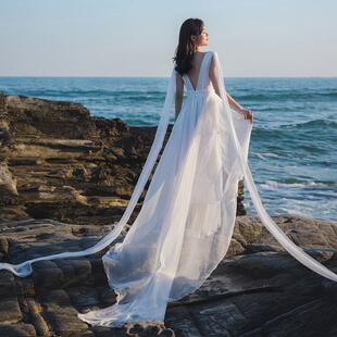 白色飘逸长裙吊带拖地轻婚纱连衣裙超长款 沙滩裙海边拍照衣服超仙