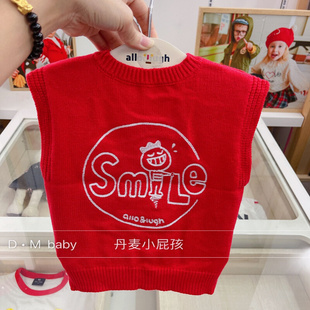 韩国中小童装 21春新款 背心A6 男女童宝帅气红色刺绣针织马甲