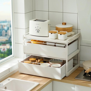 免打孔微波炉烤箱水槽桌面二层收纳柜家用神器 厨房置物架子抽拉式