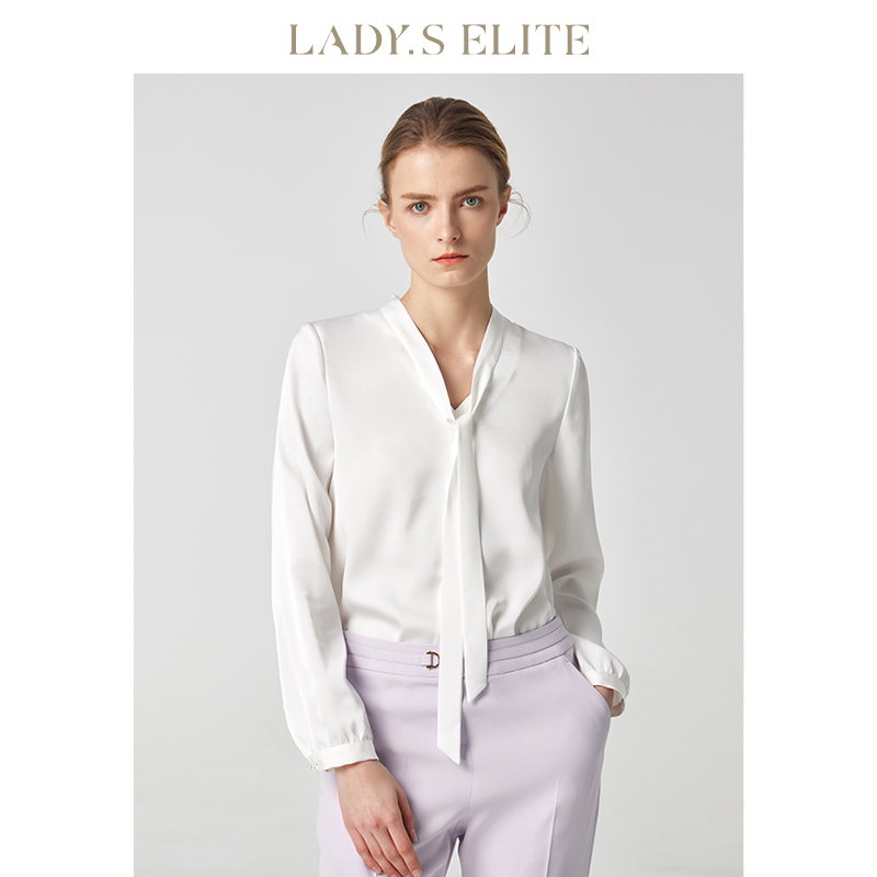 LadyS 女2024春夏V领飘带高级通勤职业正装 衬衫 上衣 Elite白色西装