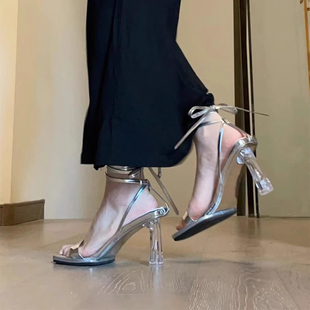 小众设计感银色高跟鞋 女2023夏季 新款 透明细跟罗马绑带气质单凉鞋