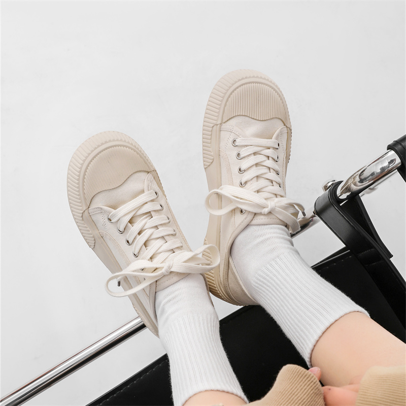 韩版 吉步饼干帆布鞋 子 平板鞋 女2024新款 厚底增高白色休闲鞋 小白鞋