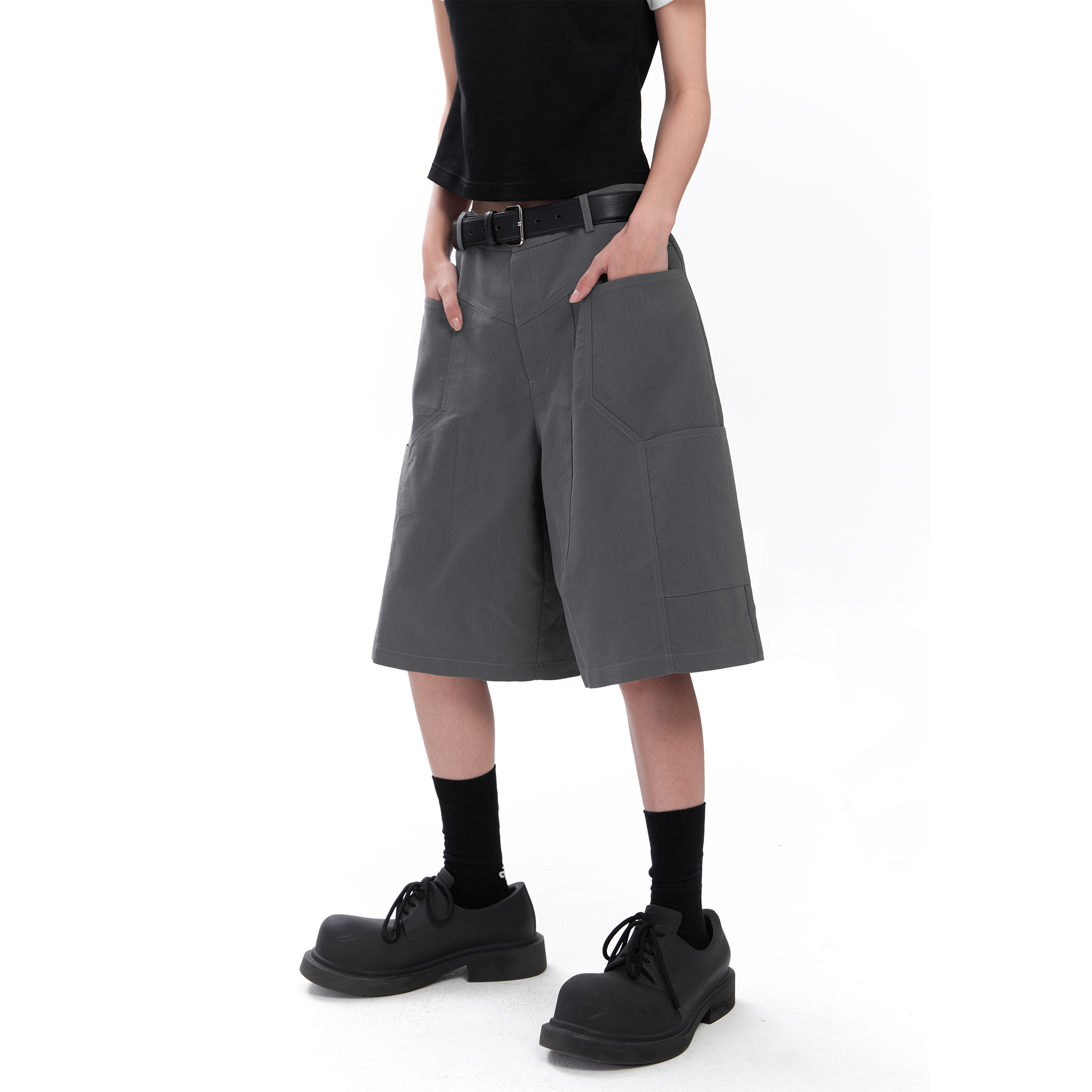 ESAT 23SS黑灰双色贴袋工装 宽松百搭七分短裤