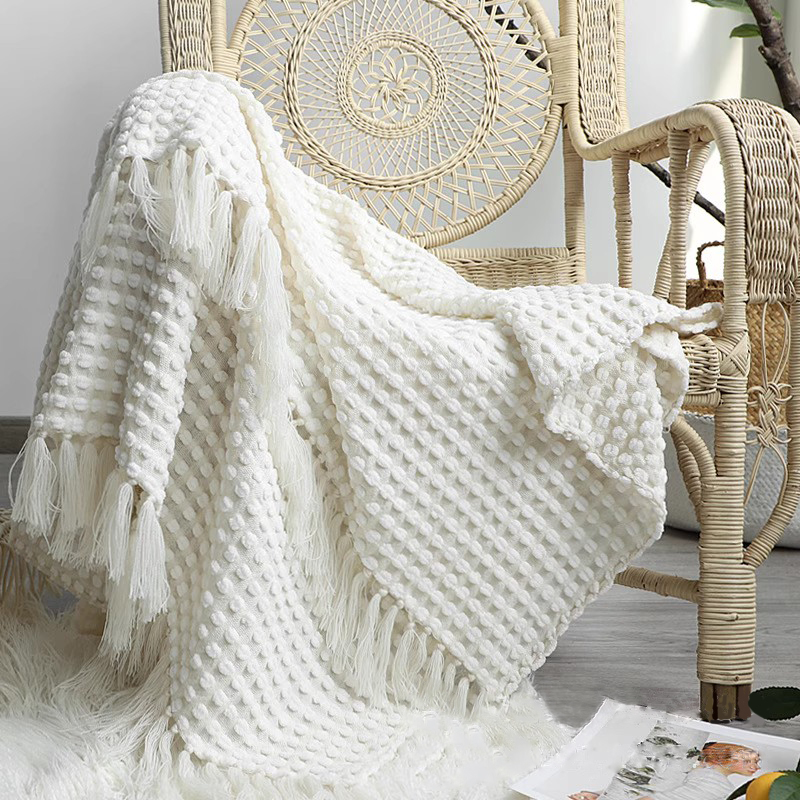 北欧简约白色毛毯雪尼尔针织毯休闲披肩盖毯沙发毯搭毯民宿床尾毯
