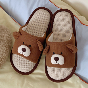 日系可爱棕色小熊软底亚麻拖鞋 居家地板防滑吸汗棉麻鞋 通用 女四季