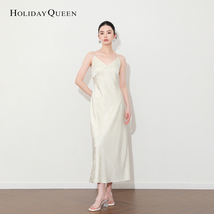 吊带连衣裙女缎面暗纹印花性感露背长裙度假裙 HolidayQueen新中式