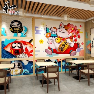 卡通招财猫墙纸日本和风浮世绘烤肉拉面店寿司料理餐厅壁纸 日式