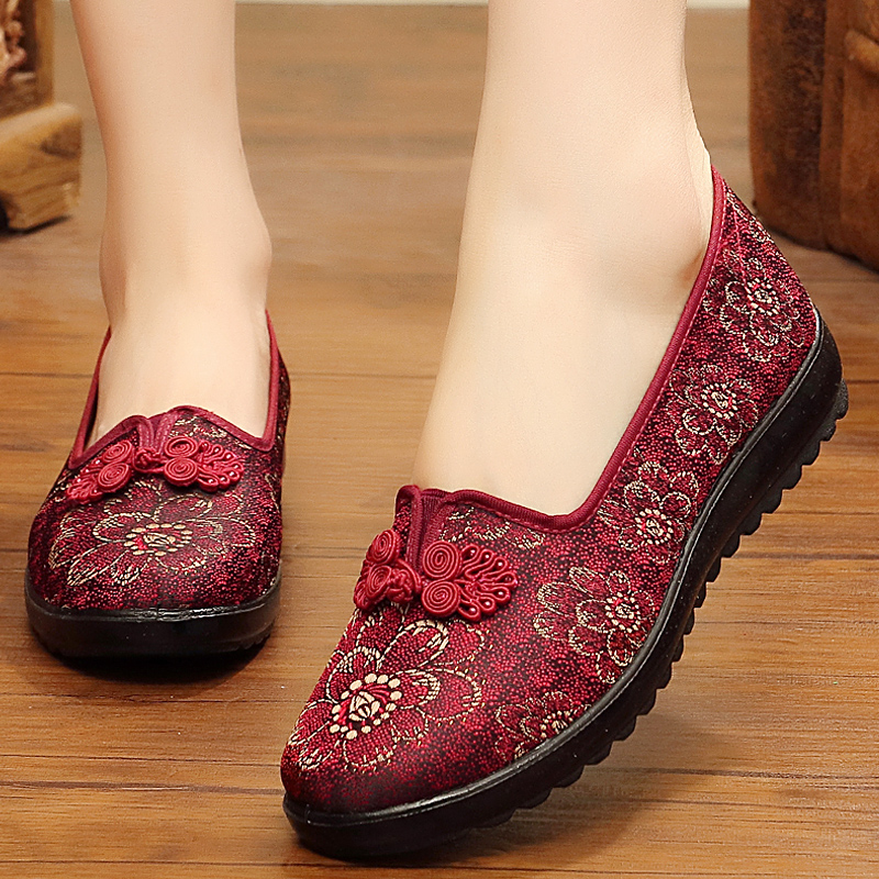 中年 女妈妈红色平底鞋 子奶奶防滑鞋 老北京布鞋 老年人小红鞋 老年鞋