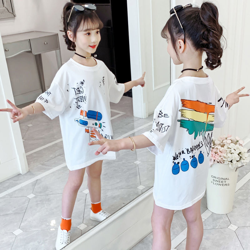 儿童洋气韩版 女童短袖 体恤 上衣中大童夏季 t恤夏装 中长款 2024新款