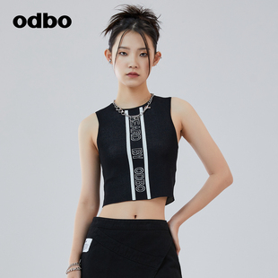 odbo欧宝原创设计印花针织运动背心女2022年夏季 个性 时尚 上衣 短款