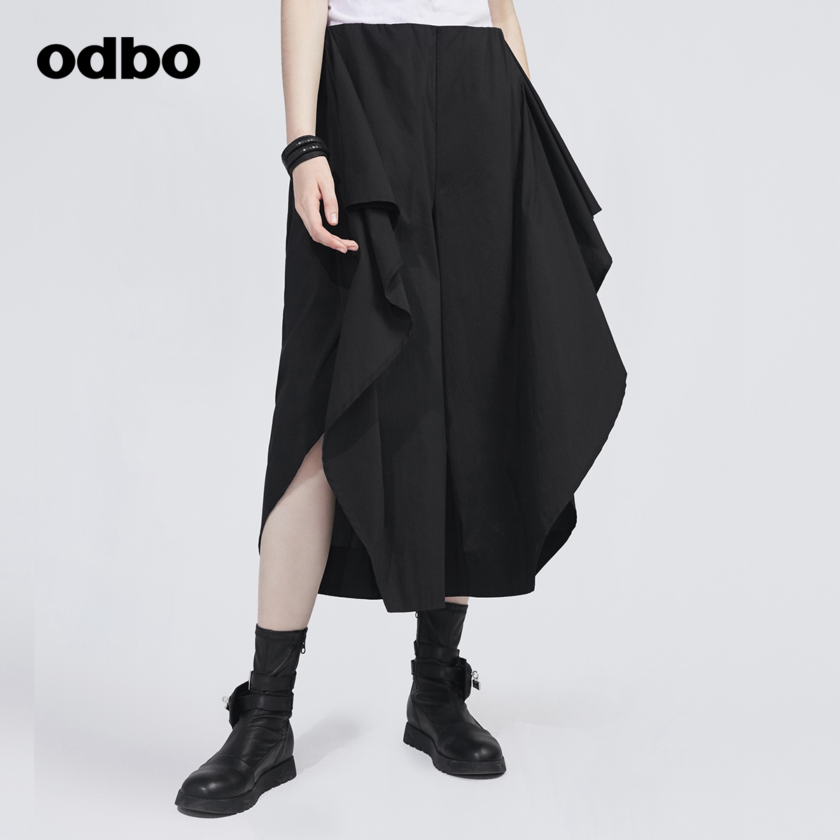 女秋装 新款 休闲裙裤 欧迪比欧原创设计黑色不对称阔腿裤 odbo