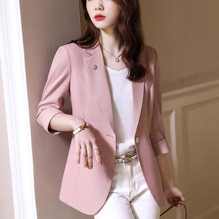 西服上衣 韩版 修身 高级感收腰七分袖 外套女春夏2024新款 粉色小西装