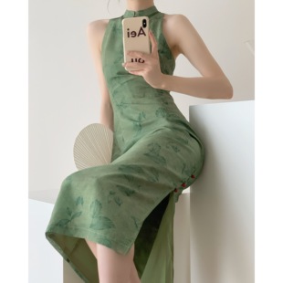 Srose 新中式 复古显白绿色改良版 国风旗袍连衣裙2024夏 重庆森林