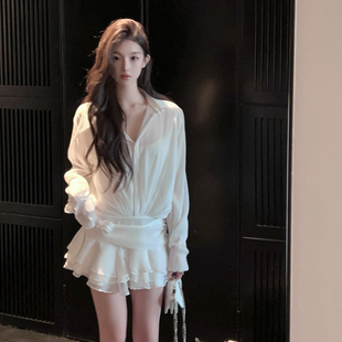 FairyJiang夏季 新款 连衣裙收腰绑带蛋糕裙短裙含吊带背心 白色衬衫
