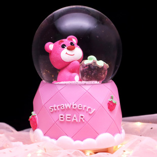 彩灯飘雪花旋转卡通可爱草莓熊玻璃水晶球音乐盒儿童男女生日礼品