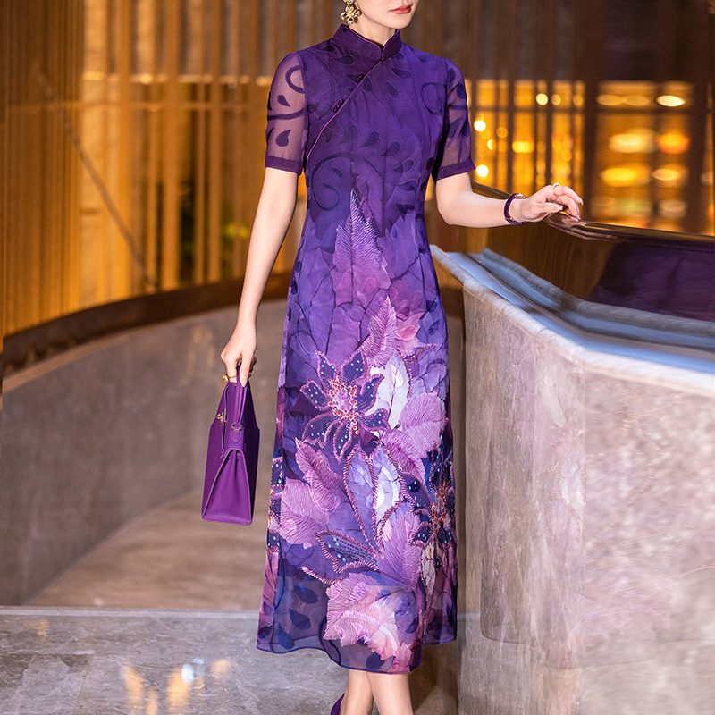 新中式 国风连衣裙夏季 气质别致紫色印花立领改良旗袍裙 2024年新款