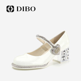 真皮亮钻白色高跟鞋 玛丽珍鞋 女单鞋 2024年春季 DIBO碲铂商场同款