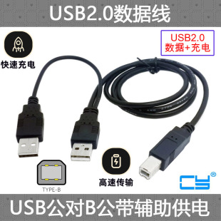 CY带辅助2A供电USB 延长线 双USB供电对标准B型线 连接线 2.0移动硬盘数据线三头转接线