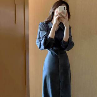 轻熟过膝长裙 韩版 复古气质收腰显瘦衬衫 连衣裙女法式 新款 2022春装