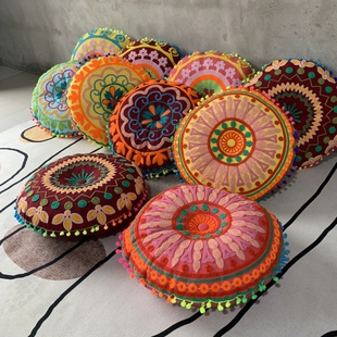 波西米亚摩洛哥印度民族复古刺绣花圆形抱枕靠枕头针织纯棉坐靠垫