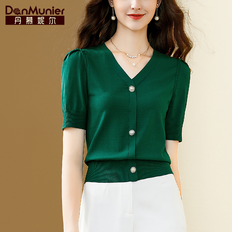 气质修身 显瘦上衣 丹慕妮尔绿色时尚 针织衫 v领短袖 新款 女夏季 薄款