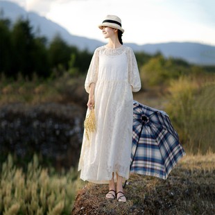 夏季 新品 宽松显瘦长裙女 文艺复古森林系连衣裙白色圆领七分灯笼袖