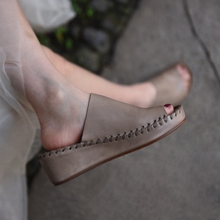 女夏外穿防水台坡跟皮拖新款 Artmu阿木原创复古一字拖厚底拖鞋