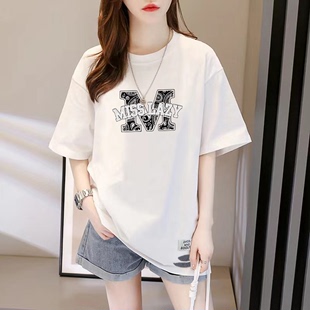 韩国夏季 潮流简约字母印花中长款 T恤女2024宽松大码 显瘦 白色短袖