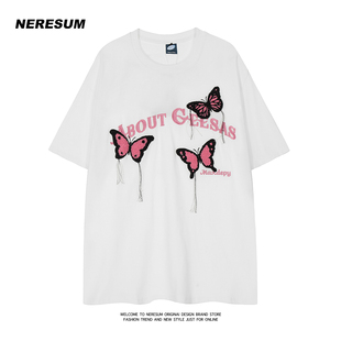 Neresum白色蝴蝶毛巾绣短袖 T恤女宽松甜酷美式 体恤上衣 纯棉夏季