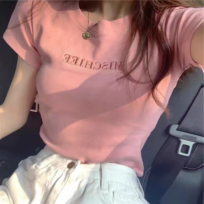 2024夏季 新款 T恤女chic港味粉色设计感小众上衣 潮流刺绣字母短袖