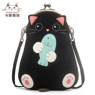 日本设计kine猫卡通可爱棉布大屏挂脖手机包出街迷你斜挎小包女