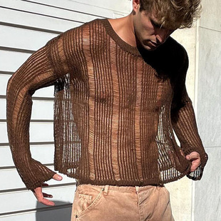 性感男式 时尚 shirt T恤 镂空长袖 knitted 纯色网格针织修身 Mesh